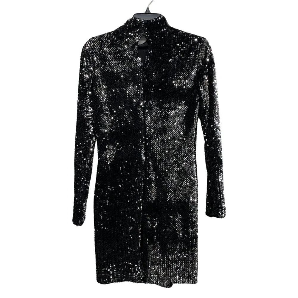 Millie Black Long Sleeved Sequin Turtleneck Mini Dress Womens Size 6 - Picture 3 of 12